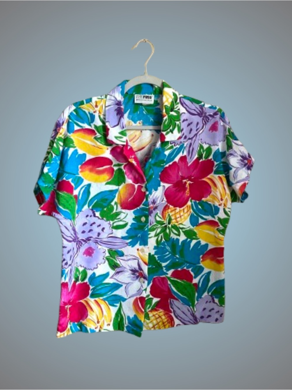 Vintage RRRRRuss ILGWU union-made tropical print button front shirt hibiscus